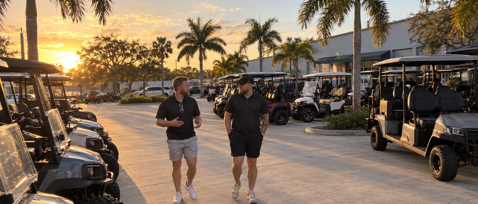 Aaron Wood and Zach Lejnar walking a golf cart dealership lot at sunset