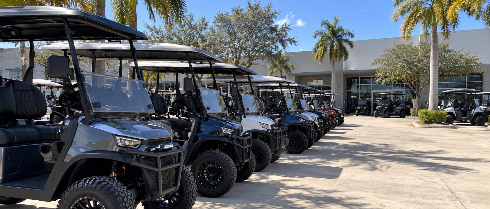 Golf carts lined up outside a dealership showroom