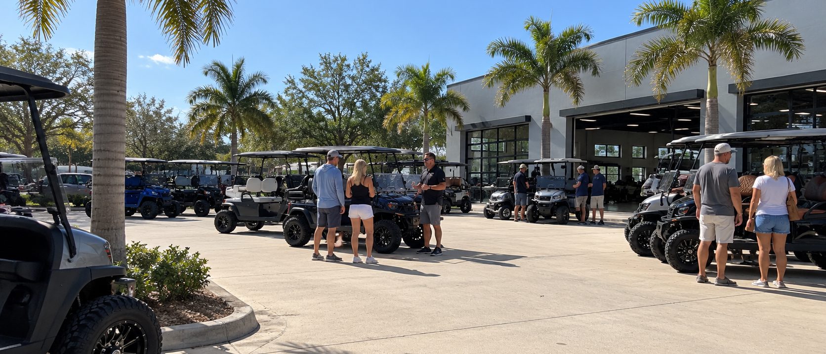 Customers shopping golf carts on a busy dealership lot