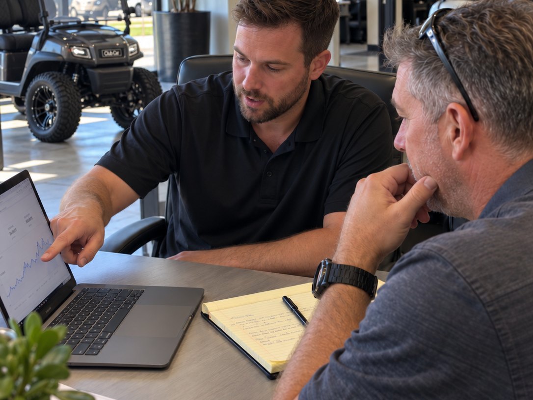 A Cart Launch consultant walking a dealership owner through his numbers on a laptop