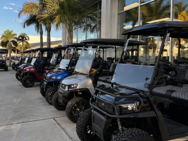 A row of custom lifted golf carts lined up outside a dealership showroom