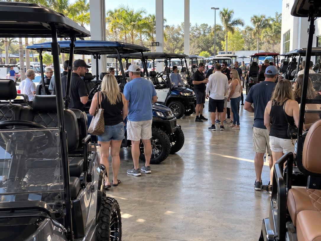 Customers filling a golf cart dealership showroom floor